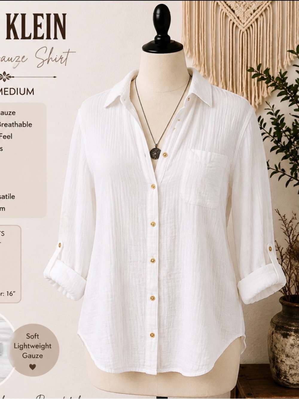 Anne Klein Cotton gauze texture White Lightweight Button-Down - roll tab Shirt